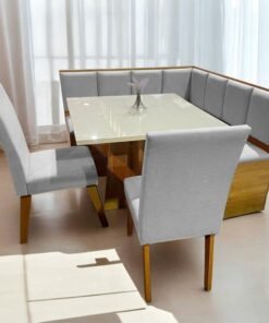 Conjunto Canto Alemão + Mesa Mon/Soberano Mel/Blonde + 2 Cadeiras Milão Mel/Linho Inox – VIERO MÓVEIS