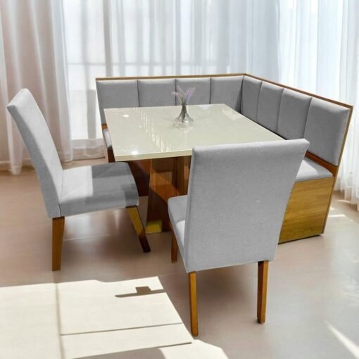 Conjunto Canto Alemão + Mesa Mon/Soberano Mel/Blonde + 2 Cadeiras Milão Mel/Linho Inox – VIERO MÓVEIS