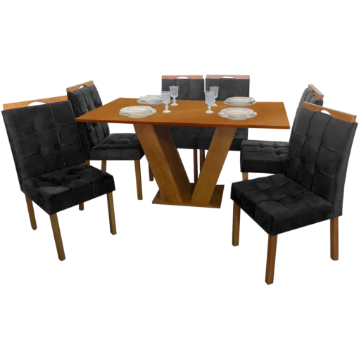 Mesa Classic 160 Cinamomo Laminado com 6 Cadeiras Sophia Mel/Veludo Preto – CEL MÓVEIS + WM DECOR - Imagem 2