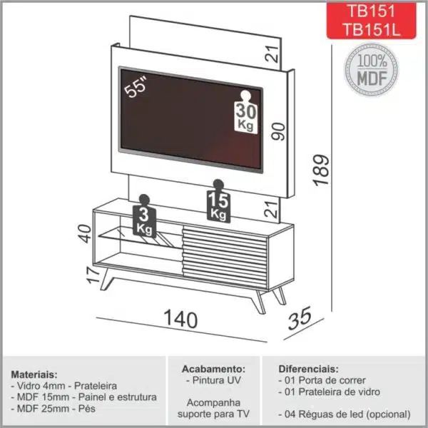 Home até 55″ Unicke TB151L Off White/Freijó – DALLA COSTA - Image 5