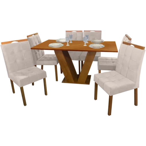 Mesa Classic 160 Cinamomo Laminado com 6 Cadeiras Sophia Mel/Linho Bege – CEL MÓVEIS + WM DECOR - Imagem 2
