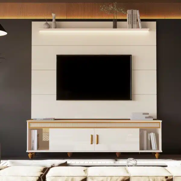 Painel até 75″ Bliss + Rack Comodoro 1.8 Off White/Cedro – EDN MÓVEIS