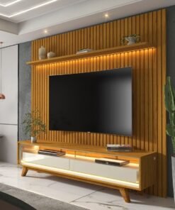 Rack Requinte Naturale/off Larg. 1.72m + Painel Nobre Naturale Ripado C/ Led 100% MDF TV até 85 Polegadas Larg. 1.85m - Gelius
