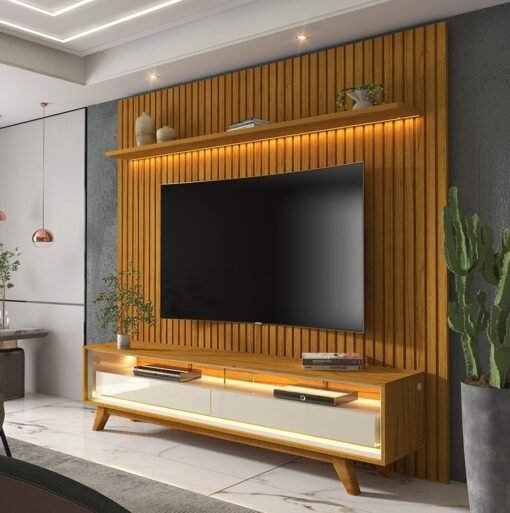 Rack Requinte Naturale/off Larg. 1.72m + Painel Nobre Naturale Ripado C/ Led 100% MDF TV até 85 Polegadas Larg. 1.85m - Gelius