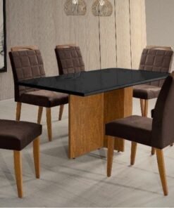 Mesa Los Angeles Tampo Cinamono/Preto 80×160 cm com 6 Cadeiras Las Vegas Marrom