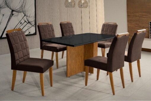 Mesa Los Angeles Tampo Cinamono/Preto 80×160 cm com 6 Cadeiras Las Vegas Marrom