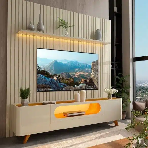 Painel Nobre 230 Off White + Rack Nobre 210 (Pés de Madeira) Off White/Naturale – GELIUS - Image 2
