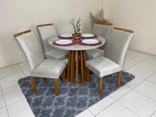 Mesa de Jantar Berlim 1.00×1.00 Redonda Com 4 Cadeiras Napoles/Londres – Cinamomo/Off White/Bege