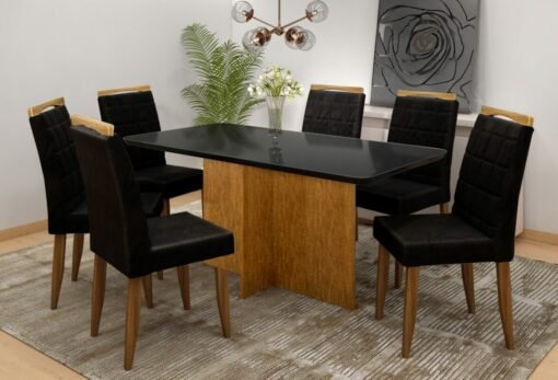 Mesa Los Angeles Tampo Cinamono/Preto 80×160 cm com 6 Cadeiras Las Vegas Preto