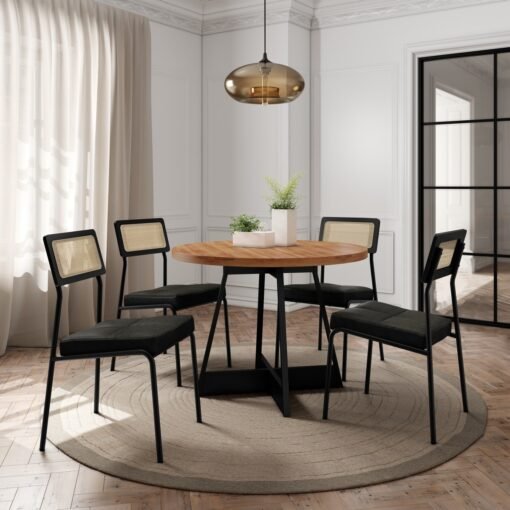 Mesa Átria 1594 Redonda 100 Preto/Nogal com 4 Cadeiras Lux 1741 Preto/Linho Grafite/Corino Preto – CARRARO MÓVEIS