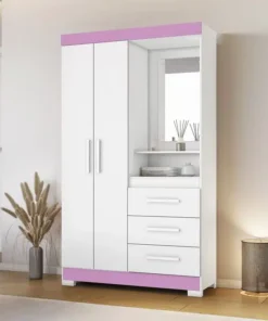 Roupeiro Solteiro NT 6020 Branco/Rosa 4 portas 3 Gavetas Flex C/Pés Larg. 1.61m - Notável