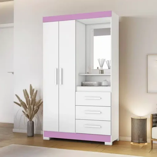 Roupeiro Solteiro NT 6020 Branco/Rosa 4 portas 3 Gavetas Flex C/Pés Larg. 1.61m - Notável