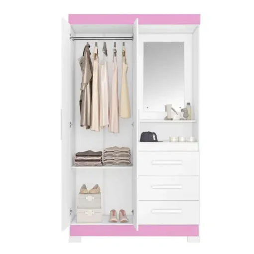 Roupeiro Solteiro NT 6020 Branco/Rosa 4 portas 3 Gavetas Flex C/Pés Larg. 1.61m - Notável - Imagem 2