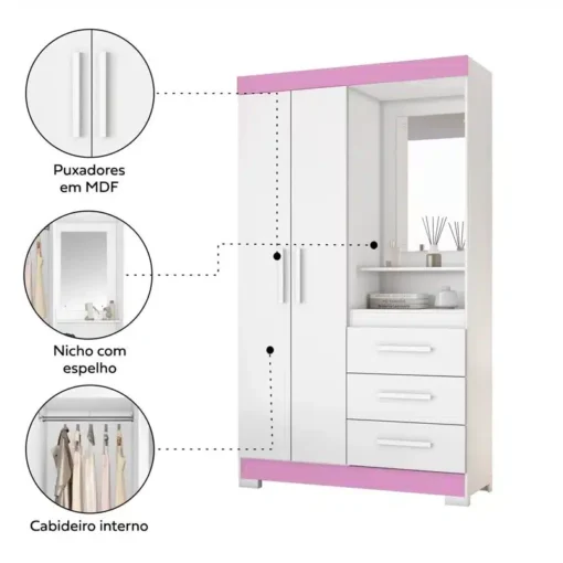 Roupeiro Solteiro NT 6020 Branco/Rosa 4 portas 3 Gavetas Flex C/Pés Larg. 1.61m - Notável - Imagem 4