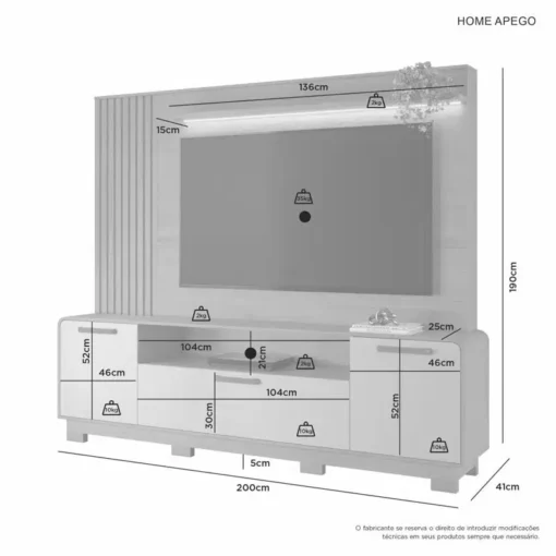 Home Apego Cinamomo/Off C/ Luminária LED e Detalhe Ripado TV até 65 Polegadas Larg. 2.00m - JCM - Imagem 4