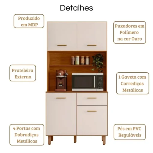 Kit Cozinha Izis 4 Portas 1 Gaveta Larg. 0.90m Freijó/Off Poliman - Imagem 3