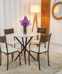 Mesa Atlanta Base Ipanema Marrom Tampo Redondo Pedra Off 75x75 4 Cadeiras Assento Creme - Teixeira