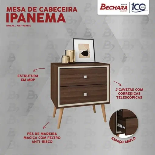 Mesa de Cabeceira Ipanema Nogal/Off 2 Gavetas Larg. 0.54m - Bechara - Imagem 3