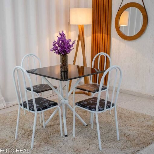 Mesa de Cozinha Base Ipanema Branco Tampo Pedra Pedro 75x75 4 Cadeiras Ubatuba Assento Preto - Teixeira - Imagem 2