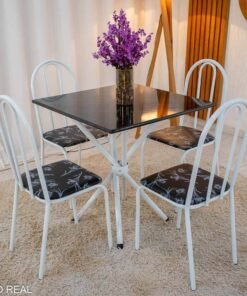 Mesa de Cozinha Base Ipanema Branco Tampo Pedra Pedro 75x75 4 Cadeiras Ubatuba Assento Preto - Teixeira