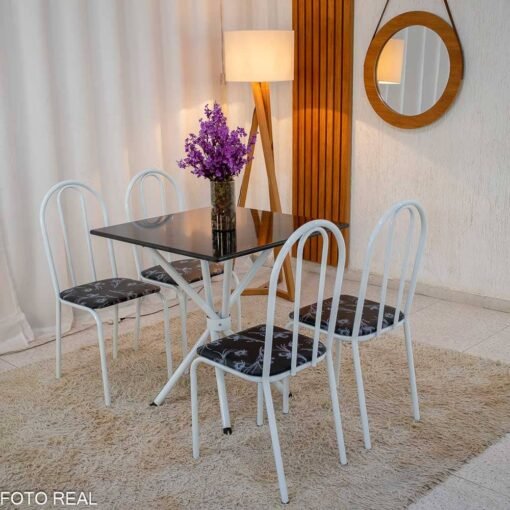 Mesa de Cozinha Base Ipanema Branco Tampo Pedra Pedro 75x75 4 Cadeiras Ubatuba Assento Preto - Teixeira - Imagem 3