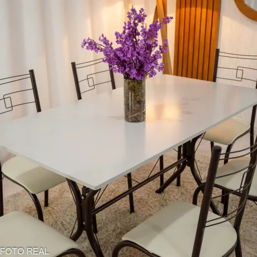 Mesa Paraty Base Cabo Frio Marrom Tampo Pedra Off 140×75 6 Cadeiras Paraty Assento Creme - Teixeira - Imagem 3