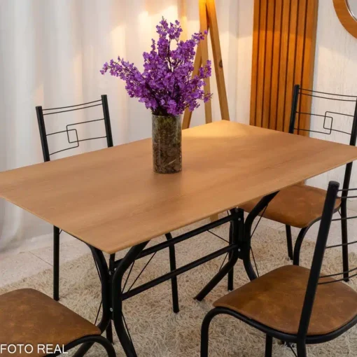 Mesa Paraty Base Cabo Frio Preto Tampo Madeirado 120×75 4 Cadeiras Paraty Assento Marrom - Teixeira - Imagem 3