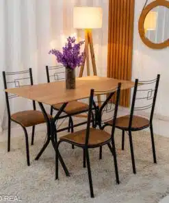 Mesa Paraty Base Cabo Frio Preto Tampo Madeirado 120×75 4 Cadeiras Paraty Assento Marrom - Teixeira