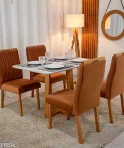 Mesa Pedro Mel Vidro OFF 120×80 4 Cadeiras Genova Veludo Terracota 513 Madeira Maciça Art Assento - Entregue Montada