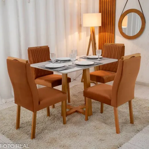 Mesa Pedro Mel Vidro OFF 120×80 4 Cadeiras Genova Veludo Terracota 513 Madeira Maciça Art Assento - Entregue Montada - Imagem 2