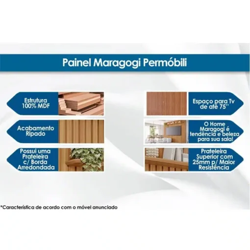 Rack Holanda Cinamomo Ripado 100% MDF Larg. 2.05m + Painel Maragogi Cinamomo Ripado 100% MDF Larg. 2.30m - Permobili - Imagem 9
