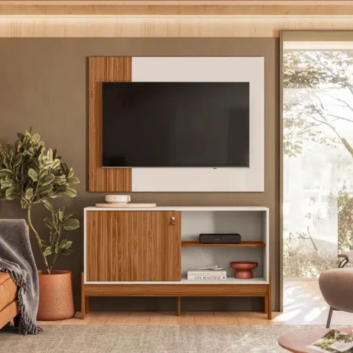 Rack e Painel Wood Larg. 1.20m Pérola Metalizada-Cinamomo Mel -Mobler