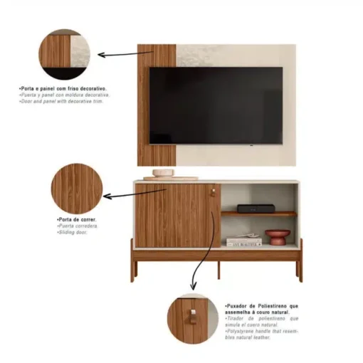 Rack e Painel Wood Larg. 1.20m Pérola Metalizada-Cinamomo Mel -Mobler - Imagem 4