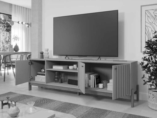 Rack Holanda Cinamomo Ripado 100% MDF Larg. 2.05m + Painel Maragogi Cinamomo Ripado 100% MDF Larg. 2.30m - Permobili - Imagem 2