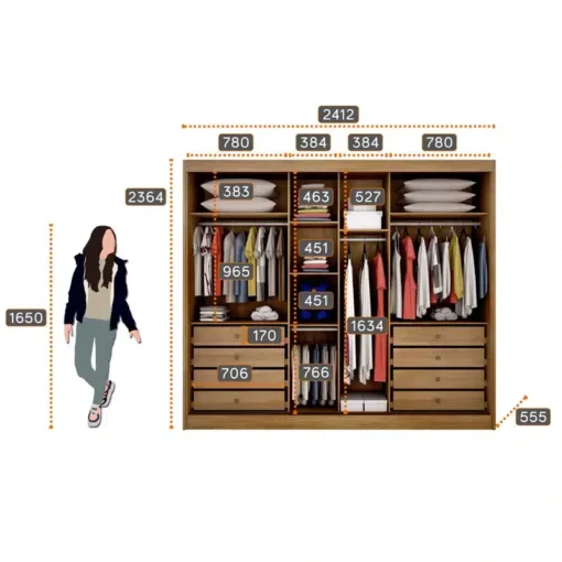 Roupeiro Casal Diamond Plus Cumaru/Fendi Fosco 3 Portas 8 Gavetas C/ 1 Espelho 100% MDF Larg. 2.41m - Novo Horizonte - Imagem 3