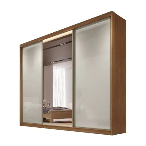 Roupeiro Casal Diamond Plus Cumaru/Fendi Fosco 3 Portas 8 Gavetas C/ 1 Espelho 100% MDF Larg. 2.41m - Novo Horizonte - Imagem 2