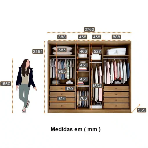Roupeiro Casal Robust Plus Cumaru 6 Portas 8 Gavetas 100% MDF Larg. 2.76m - Novo Horizonte - Imagem 2