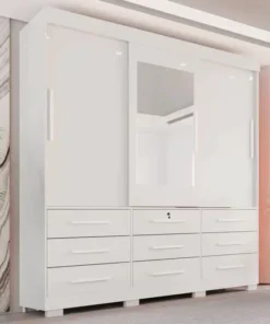 Roupeiro Casal Athenas Branco 3 Portas 9 Gavetas C/ Espelho e Pés Larg. 1.80m - Bianchi