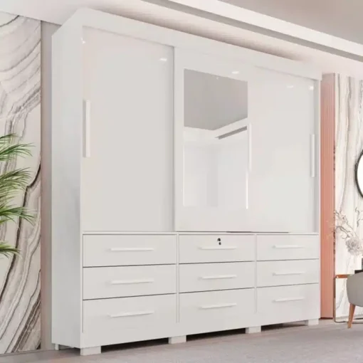 Roupeiro Casal Athenas Branco 3 Portas 9 Gavetas C/ Espelho e Pés Larg. 1.80m - Bianchi