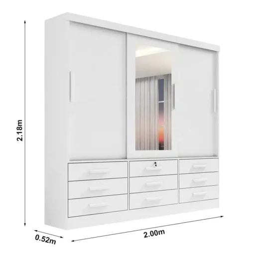 Roupeiro Casal Meridian Plus Branco 3 Portas 9 Gavetas C/ 1 Espelho Larg. 2.00m - D Doro - Imagem 2