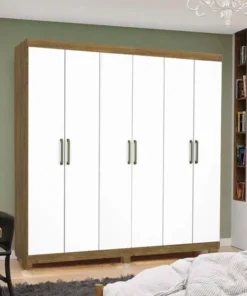 Roupeiro Solteiro Recife Cinamomo/Branco 6 Portas 2 Gavetas C/Pés Larg. 1.53m - Carioca