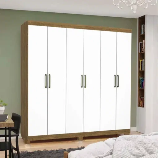 Roupeiro Solteiro Recife Cinamomo/Branco 6 Portas 2 Gavetas C/Pés Larg. 1.53m - Carioca