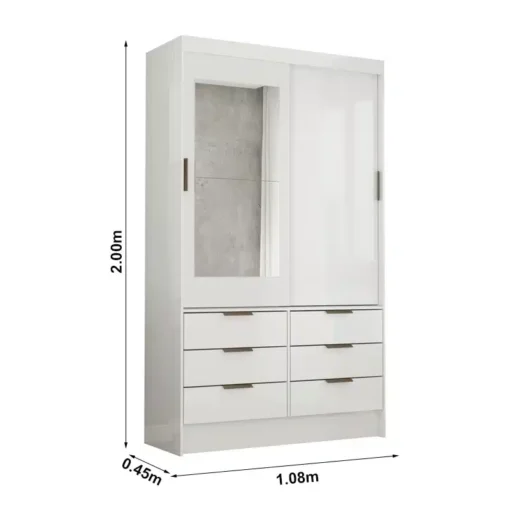 Roupeiro Solteiro Sevilha Branco 2 Portas C/ 1 Espelho 6 Gavetas Larg. 1.08m - Carioca - Imagem 3