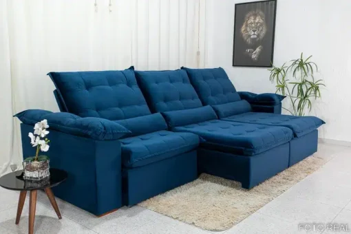 Sofá Retrátil Reclinável Emanuelly 3.20m Veludo Azul 03 - D28 Soft - Imagem 3