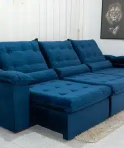 Sofá Retrátil Reclinável Emanuelly 3.20m Veludo Azul 03 - D28 Soft