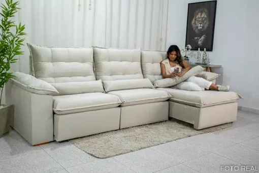 Sofá Retrátil Reclinável Emanuelly 3.20m Veludo Bege 01 - D28 Soft - Imagem 4