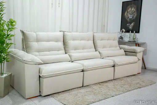 Sofá Retrátil Reclinável Emanuelly 3.20m Veludo Bege 01 - D28 Soft - Imagem 3
