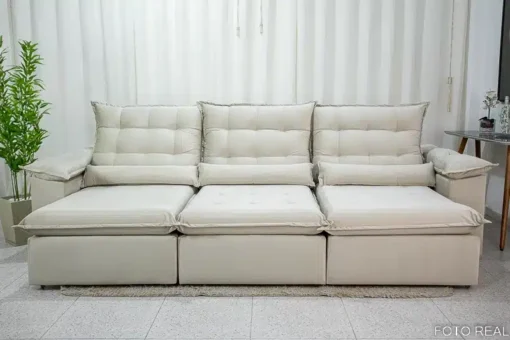 Sofá Retrátil Reclinável Emanuelly 3.20m Veludo Bege 01 - D28 Soft - Imagem 5