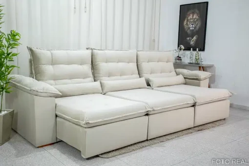 Sofá Retrátil Reclinável Emanuelly 3.20m Veludo Bege 01 - D28 Soft