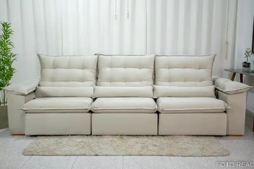 Sofá Retrátil Reclinável Emanuelly 3.20m Veludo Bege 01 - D28 Soft - Imagem 6